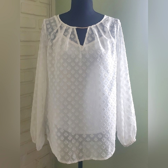 Liz Claiborne Chiffon Keyhole Blouse Long Sleeves Ivory Gold Size XS - Picture 3 of 13